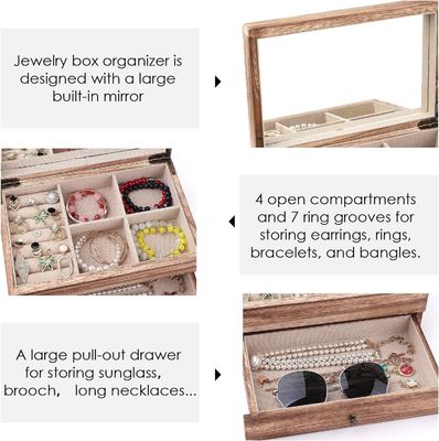 Logotipo de OEM personalizado Caja de joyería rústica de madera con bandeja de anillo de espejo Regalo de artesanía de gran tamaño