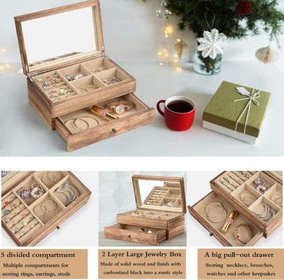 Logotipo de OEM personalizado Caja de joyería rústica de madera con bandeja de anillo de espejo Regalo de artesanía de gran tamaño