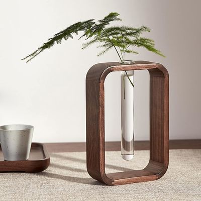 Decoración de plantas de jardín Vaso de vidrio transparente Portador de plantas de tamaño pequeño Noche rectangular Marco de madera Mesa de flor
