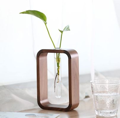 Decoración de plantas de jardín Vaso de vidrio transparente Portador de plantas de tamaño pequeño Noche rectangular Marco de madera Mesa de flor