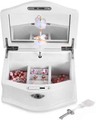Caja de joyería de ballerina de madera blanca con espejo para organización personalizada