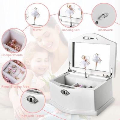 Caja de joyería de ballerina de madera blanca con espejo para organización personalizada