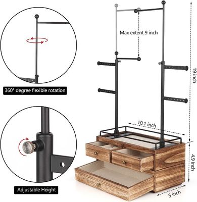 Caja de madera natural Custom 6 Tier Joyería árbol de pie con 2 capas de joyería cajón de almacenamiento