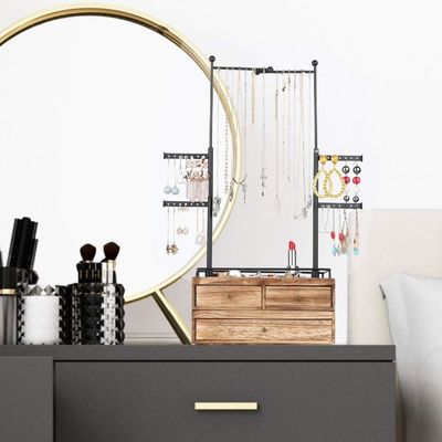 Caja de madera natural Custom 6 Tier Joyería árbol de pie con 2 capas de joyería cajón de almacenamiento