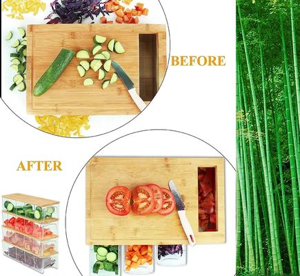 Tabla de corte de bambú rectangular con bandeja de 4 contenedores Tabla de corte de madera de cocina