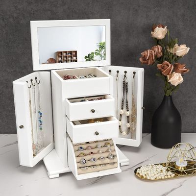 Logotipo personalizado Rustico de joyería blanca con tiempo de embalaje 4 capas Cajas de joyería de madera
