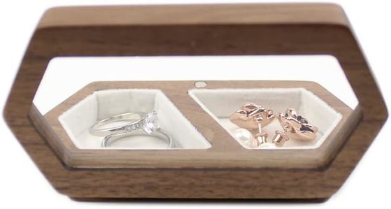 Caja de anillos de pareja hecha a mano con tapa transparente de terciopelo blanco e impresión quemada