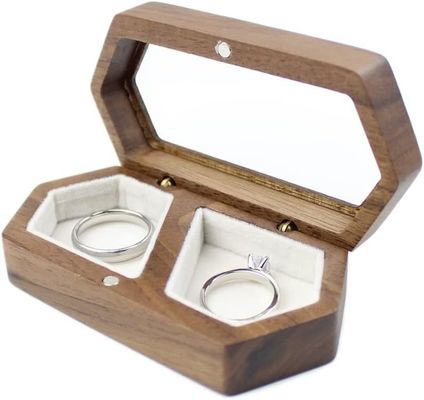 Caja de anillos de pareja hecha a mano con tapa transparente de terciopelo blanco e impresión quemada