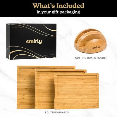 Conjunto de 3 tablas de corte de bambú de madera Conjunto con soporte Mejora tu experiencia de cocina