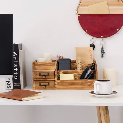 Organizador de mesa hecha a mano para escritorio de madera caramelo portavasos de papel