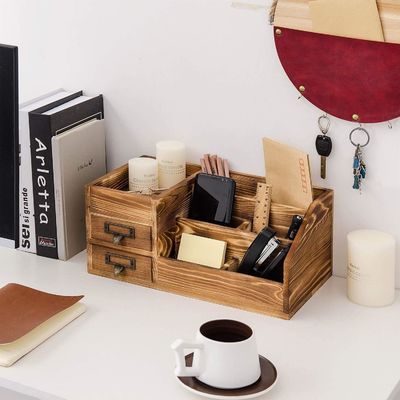 Organizador de mesa hecha a mano para escritorio de madera caramelo portavasos de papel