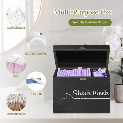 Caja de almacenamiento de tampones de la semana de tiburón con tapa de bandeja Organizador de productos femeninos tallados en madera