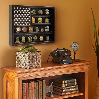 Desafío Militar del Gobierno Muestra del Estante de Monedas con Decoración de la Pared de la Bandera Americana de Madera