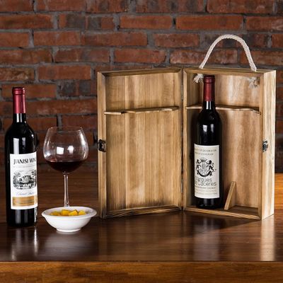 Cajas de regalo de vino de botella doble de madera rústica ecológica con tapa personalizable