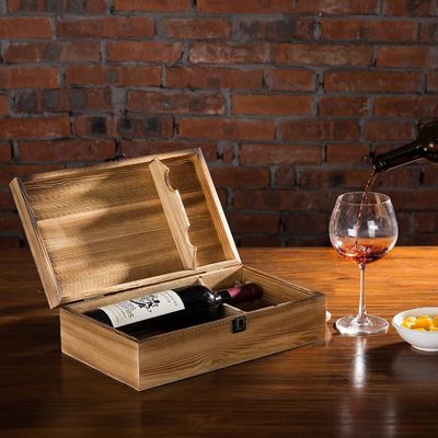 Cajas de regalo de vino de botella doble de madera rústica ecológica con tapa personalizable