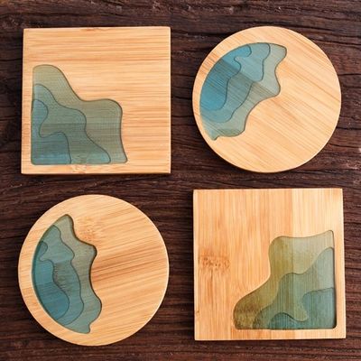 10Cm Live Edge Bambú Cuadrado Resina Madera Epoxi Madera de montaña rusa Resina Río Azul Esmeralda