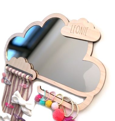 Espejo de niños enmarcado en madera en forma de nube personalizado con clip para el cabello y soportes de banda de goma