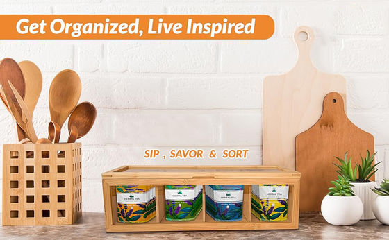 Organizador de bolsas de té de madera con impresión grabada con láser y ventana de vidrio acrílico transparente