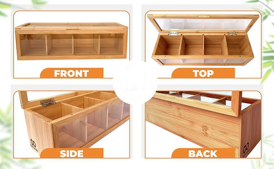 Organizador de bolsas de té de madera con impresión grabada con láser y ventana de vidrio acrílico transparente