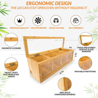 Organizador de bolsas de té de madera con impresión grabada con láser y ventana de vidrio acrílico transparente