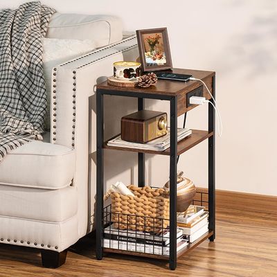 Diseño de contenedor de almacenamiento Estilo de mesa de noche marrón con puertos USB y estación de carga