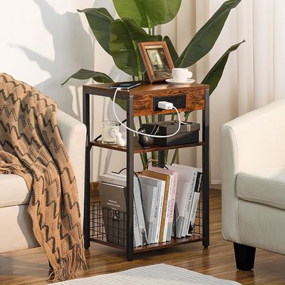 Diseño de contenedor de almacenamiento Estilo de mesa de noche marrón con puertos USB y estación de carga