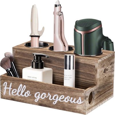 Mantenga su baño limpio sin esfuerzo con este soporte de secador y alisador de cabello de madera