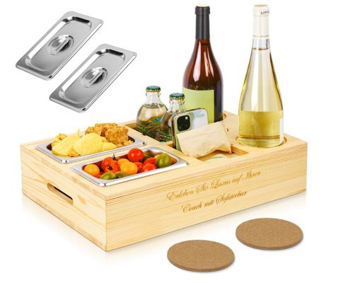 Logotipo personalizado Sofá de madera bandeja con soporte de bebida tapa extraíble y compartimiento de almacenamiento