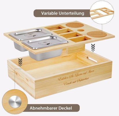 Logotipo personalizado Sofá de madera bandeja con soporte de bebida tapa extraíble y compartimiento de almacenamiento