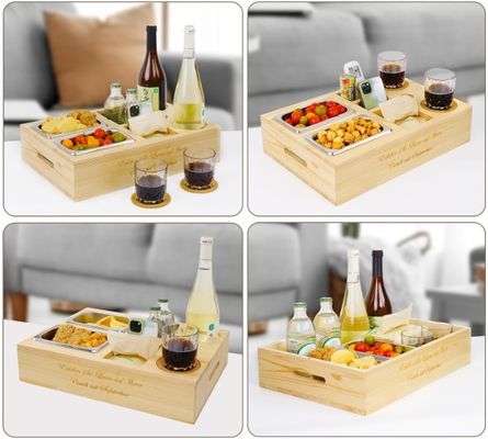 Logotipo personalizado Sofá de madera bandeja con soporte de bebida tapa extraíble y compartimiento de almacenamiento