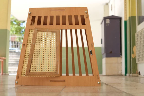 Casa de perros y gatos de madera de color natural en el interior Caja con puerta en blanco