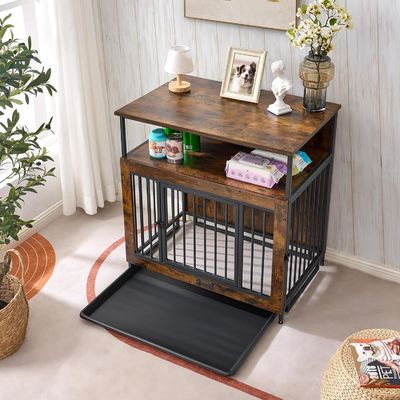 Caja para perros de madera para interiores 202406 Puertas dobles Jaula grande para perros con bandeja de salida antideslizante