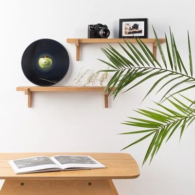 Decoración de oficinas de madera de doble nivel Pared flotante 2 estanterías de roble Estante de borde minimalista de roble para el hogar Ahorre espacio