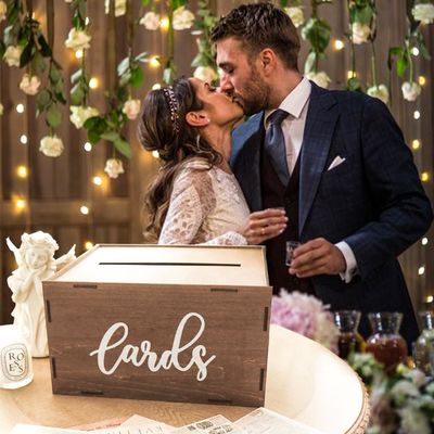 Caja de tarjetas de bodas para la recepción Envase de madera marrón Caja de dinero Impresión grabado con láser