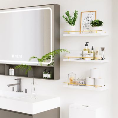 Estantes de baño Conjunto de 3 con barandilla de metal dorado y madera de bambú 41X13.5X2cm