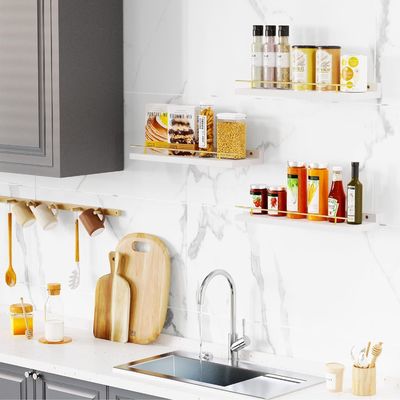 Estantes de baño Conjunto de 3 con barandilla de metal dorado y madera de bambú 41X13.5X2cm