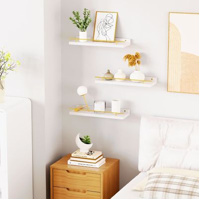 Estantes de baño Conjunto de 3 con barandilla de metal dorado y madera de bambú 41X13.5X2cm