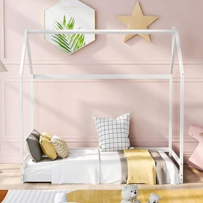 Muebles de dormitorio para niños Cama de piso de tamaño doble con diseño de casa de madera y marco de dosel