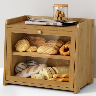 Pedido personalizado Contenedor de almacenamiento de pan de madera extra grande de 2 estanterías para escritorio de cocina