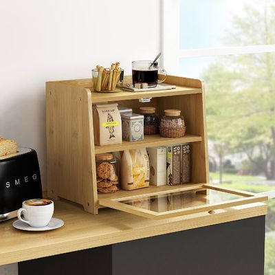 Pedido personalizado Contenedor de almacenamiento de pan de madera extra grande de 2 estanterías para escritorio de cocina