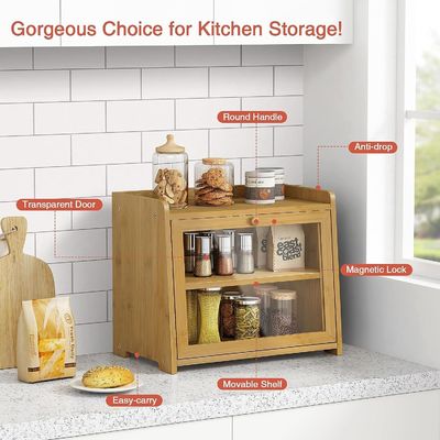 Pedido personalizado Contenedor de almacenamiento de pan de madera extra grande de 2 estanterías para escritorio de cocina