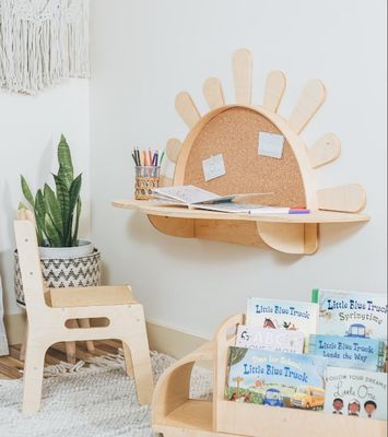 Sala de estar Mesa de actividades montada en la pared con silla PANEL estilo de madera Muebles para niños pequeños