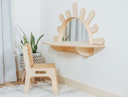 Sala de estar Mesa de actividades montada en la pared con silla PANEL estilo de madera Muebles para niños pequeños