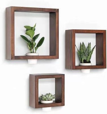 3pcs Estante de pared de madera de pino sólido Conjunto de plantaciones de cerámica blanca Decoración artesanal de oficina en el hogar