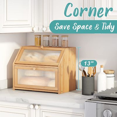 Caja de almacenamiento de pan de puerta ondulada acrílica de doble capa Diseño de madera de bambú para mostrador de cocina