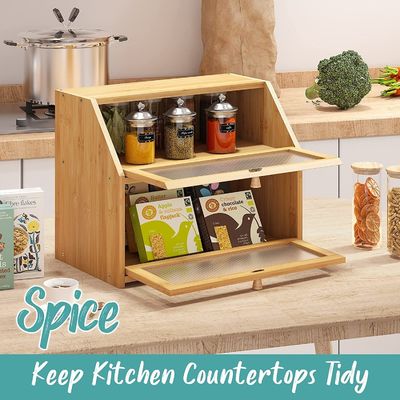 Caja de almacenamiento de pan de puerta ondulada acrílica de doble capa Diseño de madera de bambú para mostrador de cocina