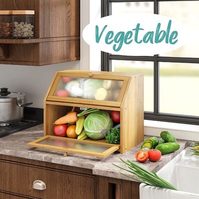 Caja de almacenamiento de pan de puerta ondulada acrílica de doble capa Diseño de madera de bambú para mostrador de cocina