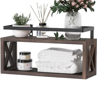 Ahorre espacio con estantes de madera flotantes de color marrón rústico y barandilla de protección