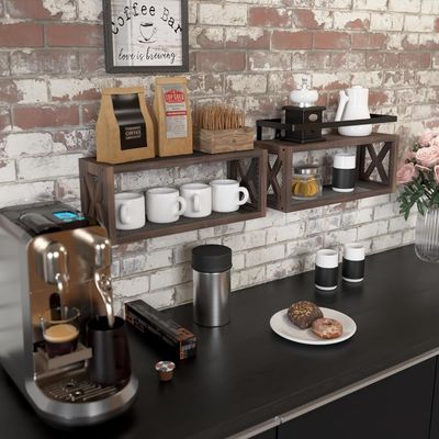 Ahorre espacio con estantes de madera flotantes de color marrón rústico y barandilla de protección