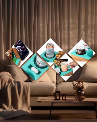 Logotipo personalizado Soft Silicone Acacia Sofá de madera Caddy para bocadillos Bebidas remoto